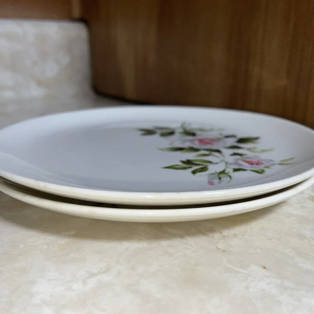 Pair of MINT! Crooksville‎ vintage saucers white roses with leaves, USA I-X